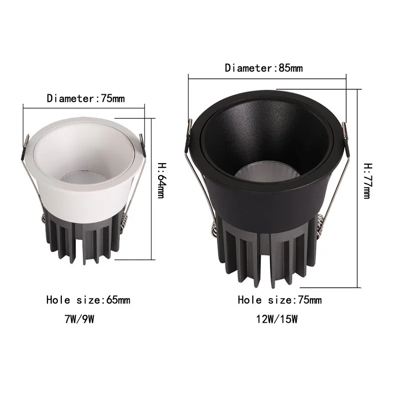 

Dimmable Led downlights Anti Glare COB Ceiling Spot Light 7w 9w 12w 15w 85-265V ceiling recessed Lights Indoor Lighting