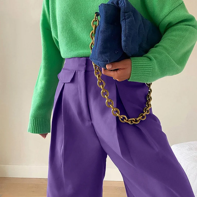 SHENGPALAE Fashion Purple Trousers Women's Spring 2022 New High Waist Thin Loose Straight Crumple Pants Female Tide 5E3776 | Женская