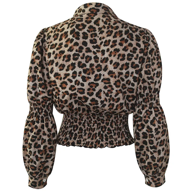 

2021 New Spring Summer Women's Tunic V Neck Leopard Printed Lantern Tops for Ladies Casual Thin Sexy Short Blouses for Fashion