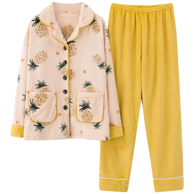 Flannel Turn-down Collar Full Length Light Yellow Pineapple Printing Pajamas Pyjamas Women Clothes 2020 Winter 2 pieces | Женская одежда