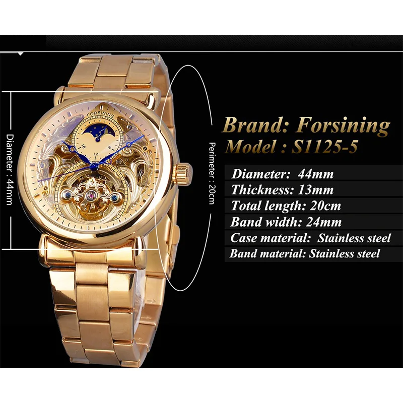 Мужские автоматические механические часы золотые полые дизайнерские стальные