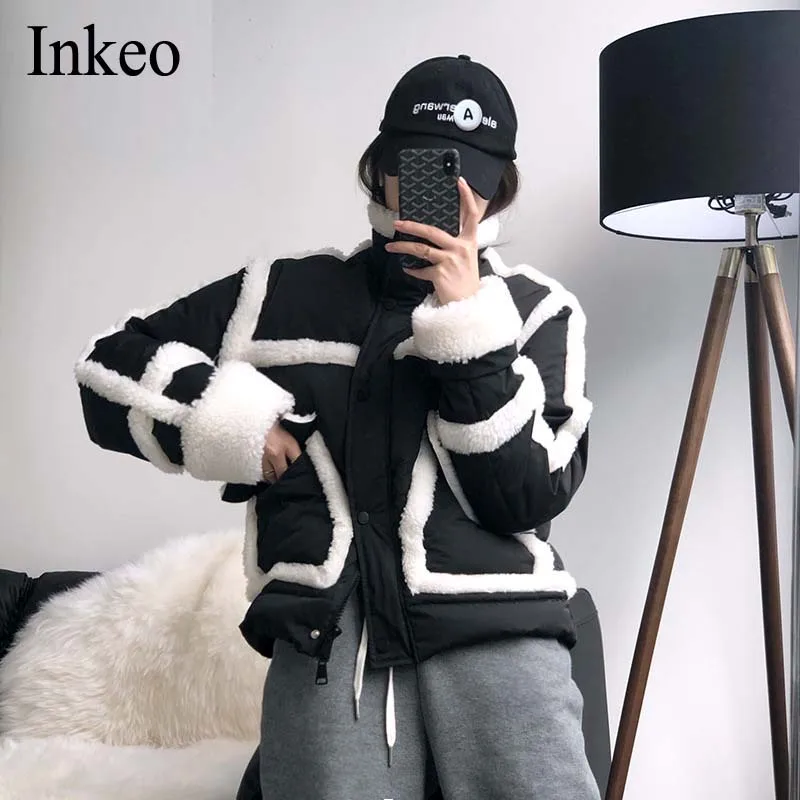 

Women's Warm Short Parkas Jacket 2020 Winter High collar Loose Female Outwear Long sleeve Chic 90% White duck Down INKEO 9O036