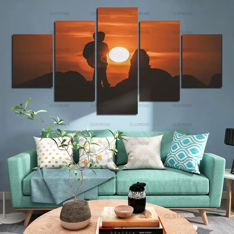 

5Pcs a Man Standing On a Rock At Sunset Poster Home Bedroom Living Room Wall Art Irregular Decorative Canvas Painting