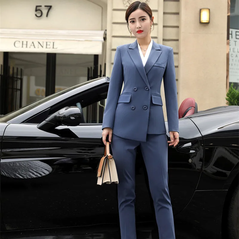 Женский костюм с белыми брюками облегающий двубортный пиджак Блейзер офисная