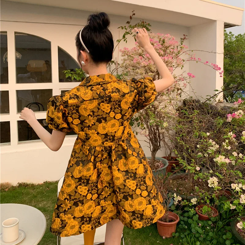 

Female Slim Fashion Puff Sleeve V-Neck Floral Print Mini Dress Female High Street Vintage Designed Dresses Ladies Vestidos ML138