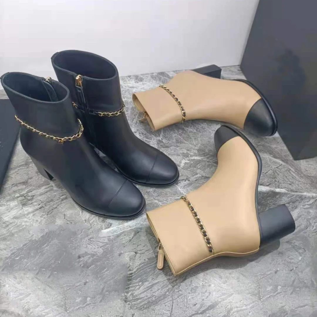 

Vallu 2021 full leather high-end chain decoration fashionable and versatile mid-heel comfortable classic women's boots