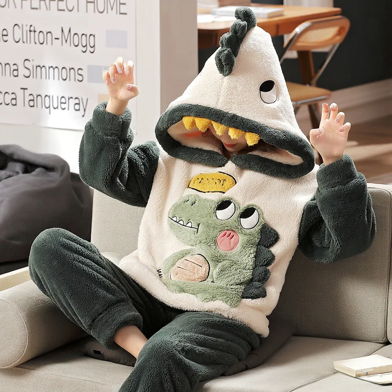 2 Piece Pajama Set Women Winter Autumn Winter Long Sleeved Hooded Cartoon Plus Velvet Padded Home Service Cute Korean Pajamas