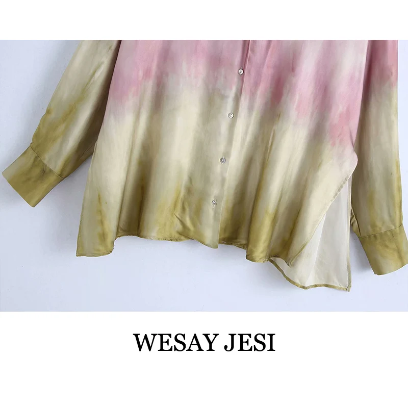 

WESAY JESI Womens Fashion Shirts Retro Casual Lapel Color Tie-Dye Printing Chic Single Breasted Bat Sleeve Blouses Vacation