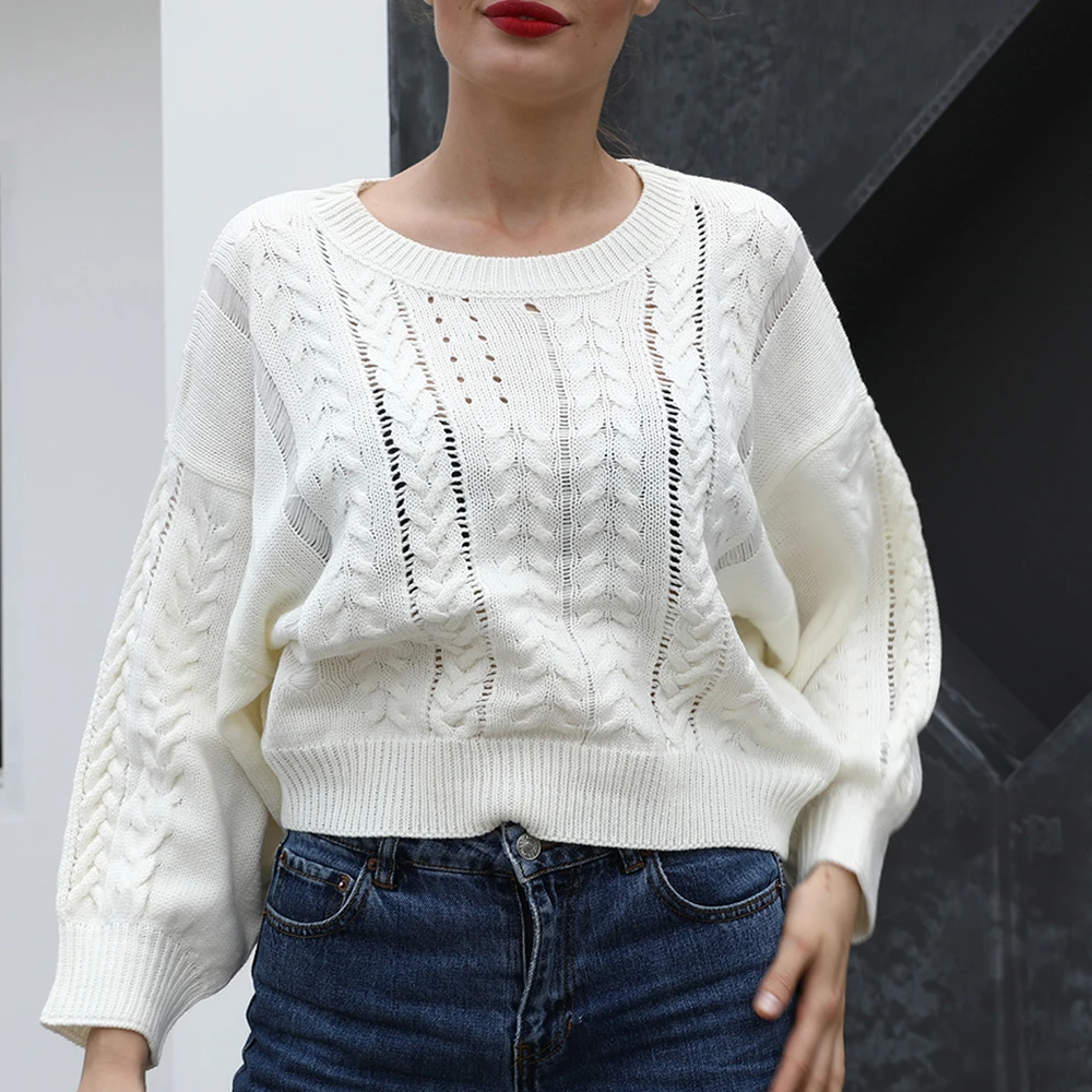Women Knitted White Sweaters Casual Long Sleeve Twist Pullover Sweater Solid Loose Jumpers Knitwear Fashion Fall Winter Clothes | Женская