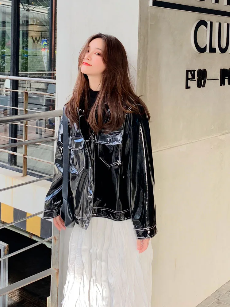 Lautaro Весенняя мягкая лаковая кожаная куртка женская с длинным рукавом Осенняя