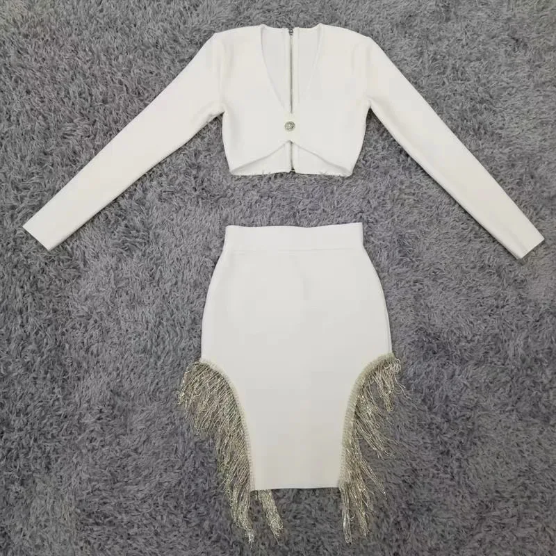 

Women Clothing Set Winter 2020 Sexy Designer Tassel White Two Pieces Set Party High Street Celebrity Bandage T-shirts Skirts