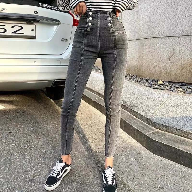 Темно серые дизайнерские двубортные уличные модные эластичные джинсы с высокой