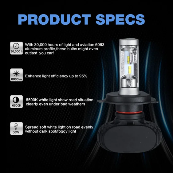 H7 LED H4 Автомобильные фары 9005 9006 H3 H13 H8 880 H27 9004 9007 H11 Светодиодный H1 S1 50W 8000LM 6500K