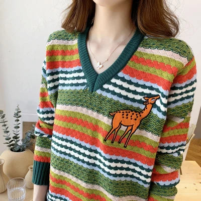 

Casual Loose Stripe Embroidery Fawn Women Sweaters And Pullovers Rainbow Patchmatch V Neck Knit Sweater