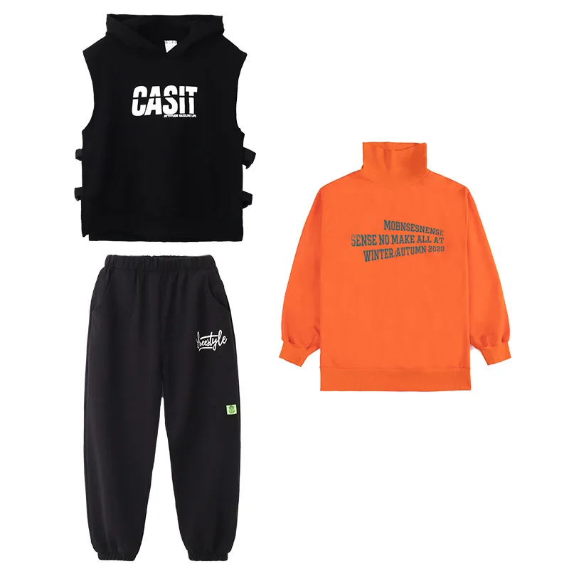 

Teenage Boys Streetwear Clothing Set 3 Piece Girls Hip Hop Sports Suits Loose O-neck Tops + Hooded Vest + Pants Black Sport Suit
