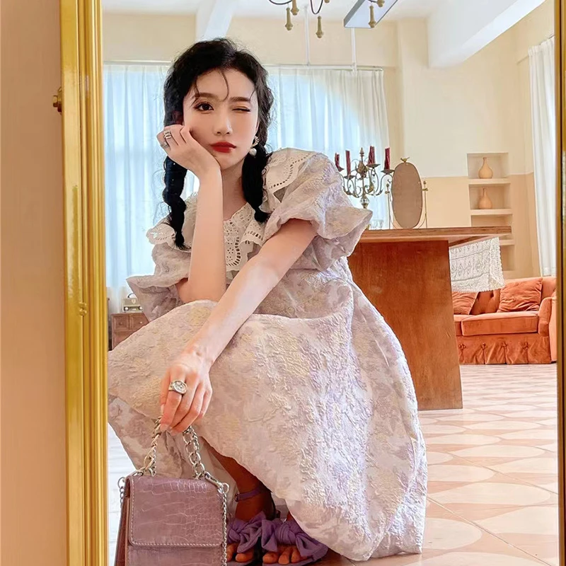 

GALCAUR Purple Pullover Dress For Women O Neck Puff Short Sleeve High Waist Patchwork Lace Mini Dresses Females Summer Clothing