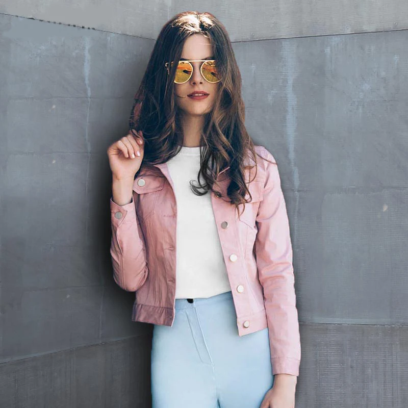 Розовая Осенняя женская укороченная куртка с длинным рукавом и отложным