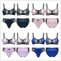 male sexy men satin lingerie suit sissy nightwear sheer mesh patchwork adjustable spaghetti strap bra tops with briefs thongs