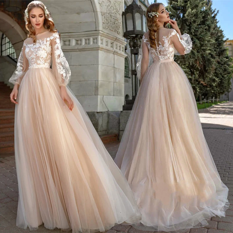 

2021 A-Line Wedding Dress Appliques Lantern Sleeves Tulle Boho Bridal Gowns Vestido De Novia Princess Платье На Выпускной