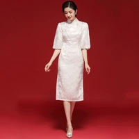 white dress women autumn 2021 new light luxury silk jacquard satin handmade tassel chain beaded lantern sleeve cheongsam s xxl