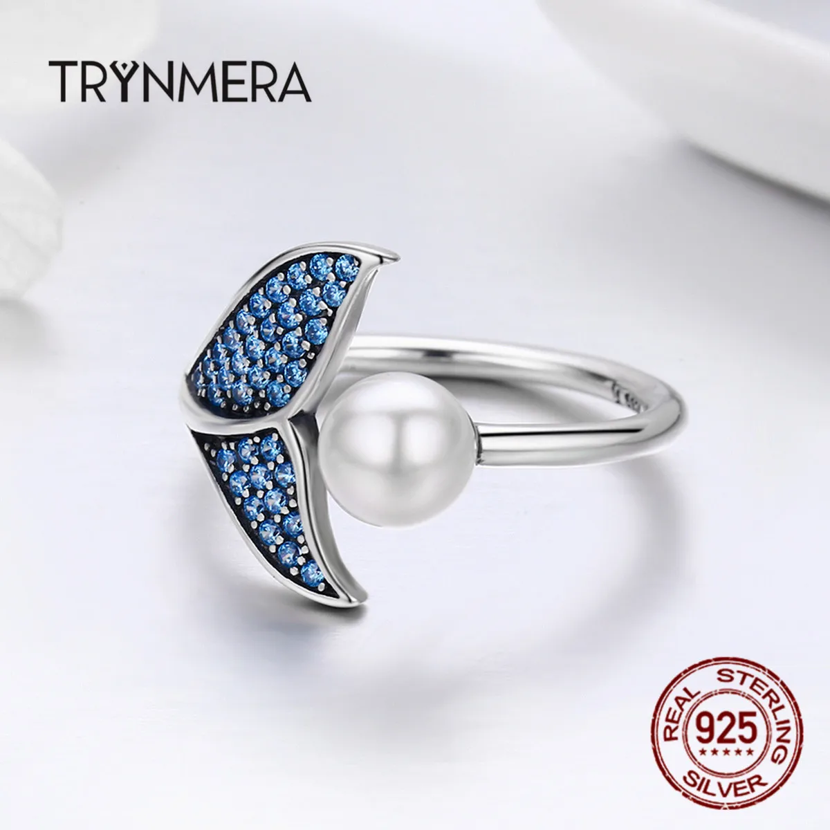 Trynmera925 серебро Регулируемый Дельфин хвост синий кольца на палец фианит для женщин стерлингового серебра ювелирные изделия GiftTR066