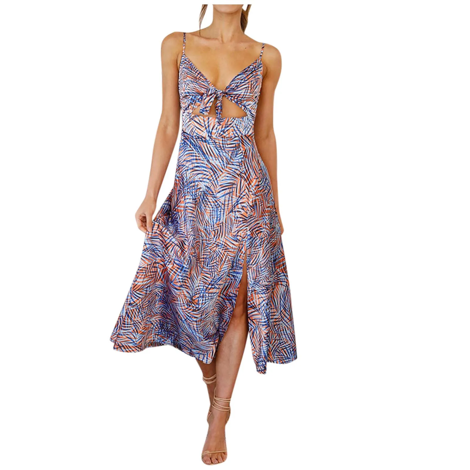 

Summer Slit Print Dresses Chest Hollow Women Sundress Bohemian Long Skirt V Neck Mid-Claf Skirt Female A-Line Casual Skirts A50