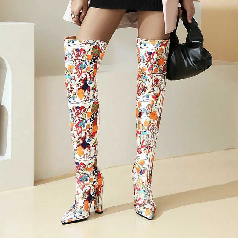 

Fashion Painting Women Boots Square High Heel Over The Knee Boots Pointed Toe Autumn Winter Boots Size 34-43