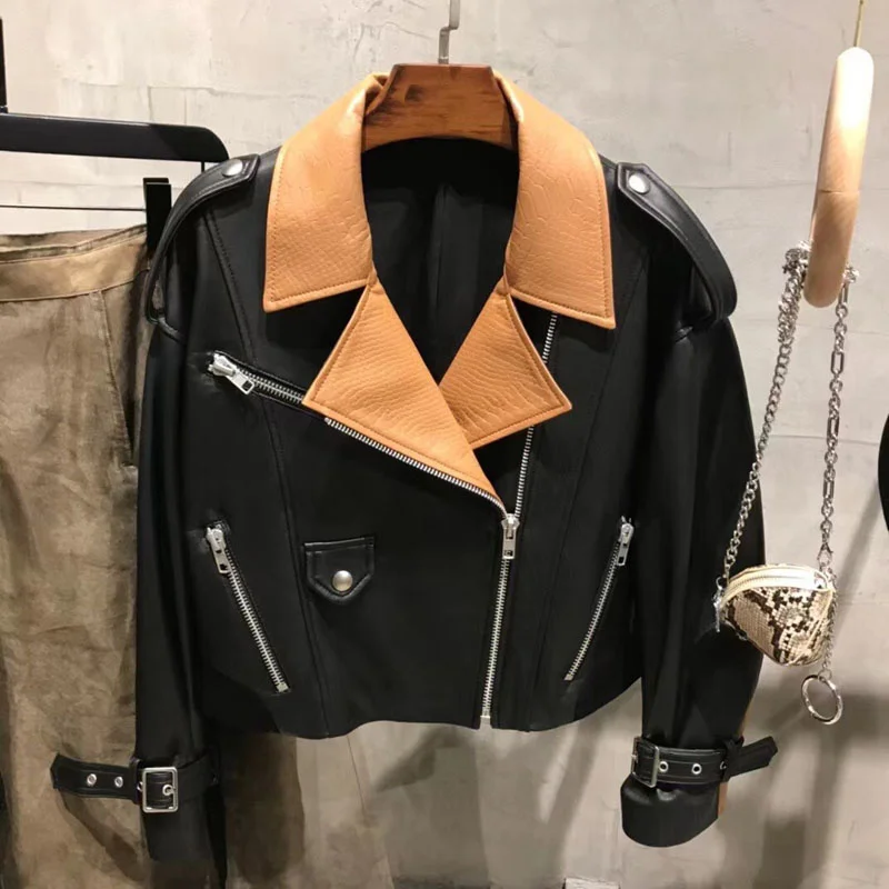 

Short Length Women Coat Spring 2022 New Arrival Genuine Leather Jacket Casual Style Spliced Oversized Clothes Female
