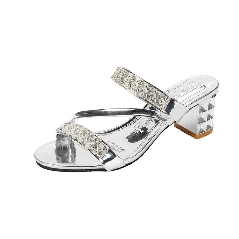 

Women's open-toe fashion sandals women summer fish mouth rhinestones thick mid-heel ladies high heels dress time slippers women