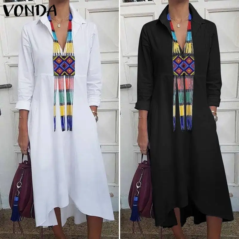 VONDA Elegant Dress Women Sundress Spring Summer Female Long Sleeve Lapel Neck Shirt Dress Long Robe Vestidos Plus Size