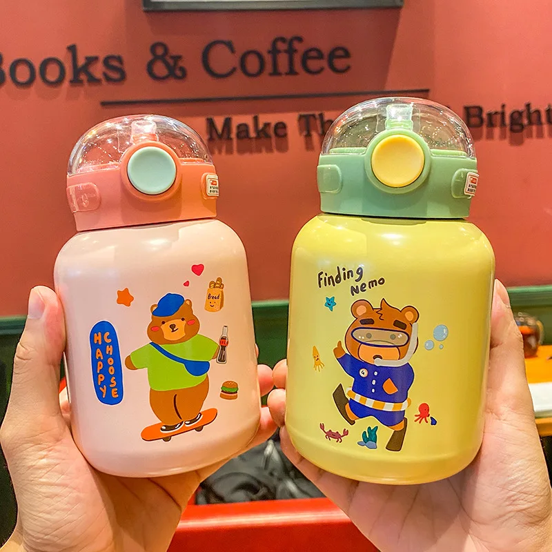 

Small Portable Vacuum Stainless Dteel Thermos Cup Cute Bear Cartoon Straw Cup Outdoor Student Water Bottle Gifts For Children