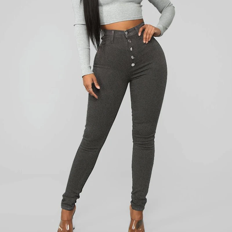 women solid long jeans oversized 2021 autumn elastic skinny pencil pants high waist button fly demin with pockets vaqueros mujer | Женская