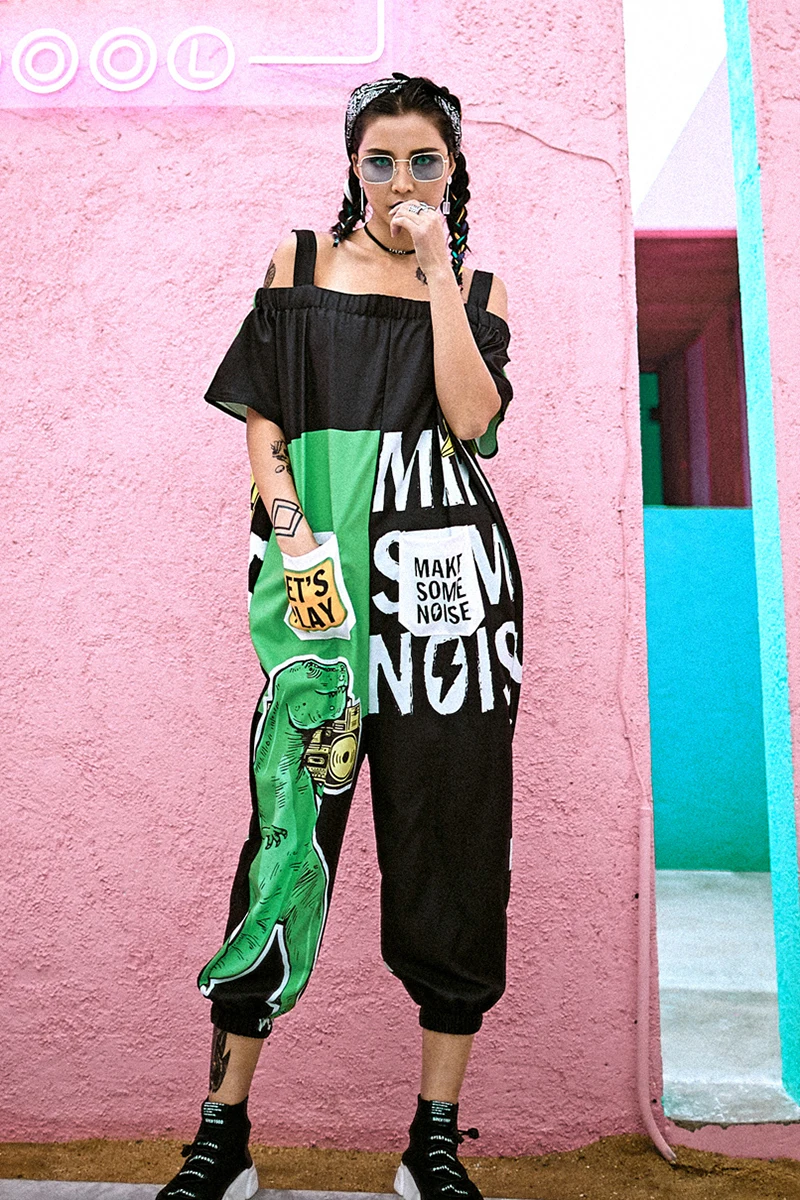 

summer dress hip-hop new cropped pants tide brand jumpsuit large size dinosaur women's hip-hop sling jumpsuit rock casual pants