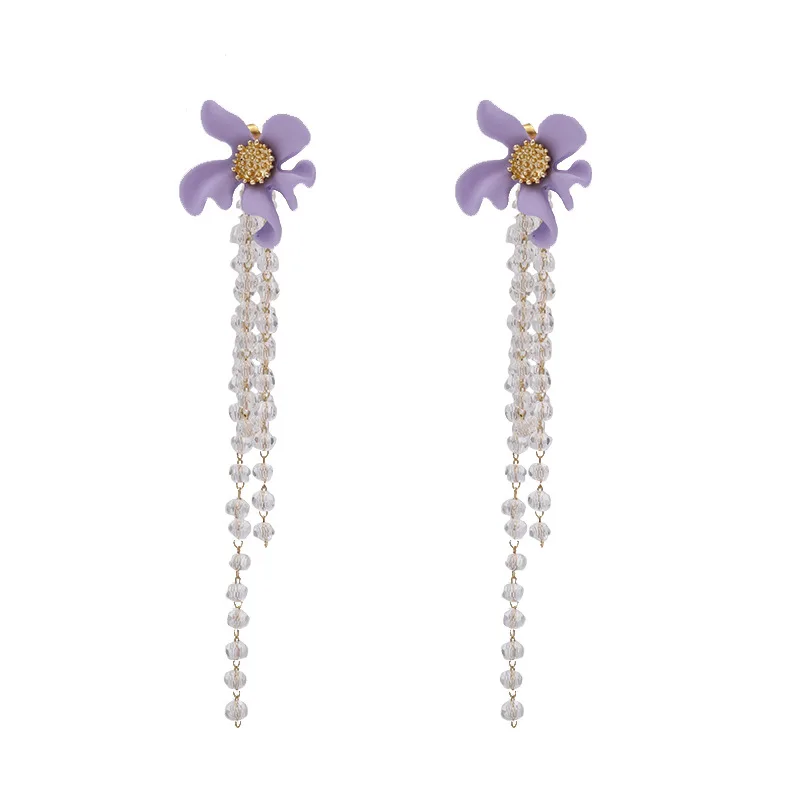 

2020 New Korean Purple Flowers Long Crystal Tassel Drop Earrings Ladies Geometric Elegant Wedding Jewelry Pendientes Gifts