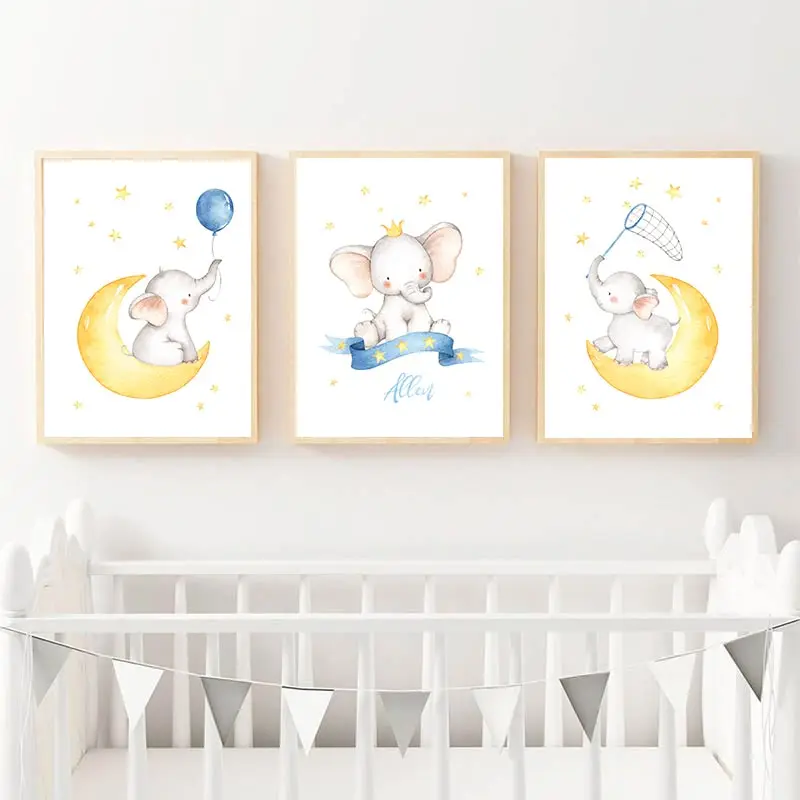 

Personalized Baby Name Custom Wall Art Canvas Painting Elephant Animal Poster Print Nordic Moon Picture Nursery Kids Room Decor