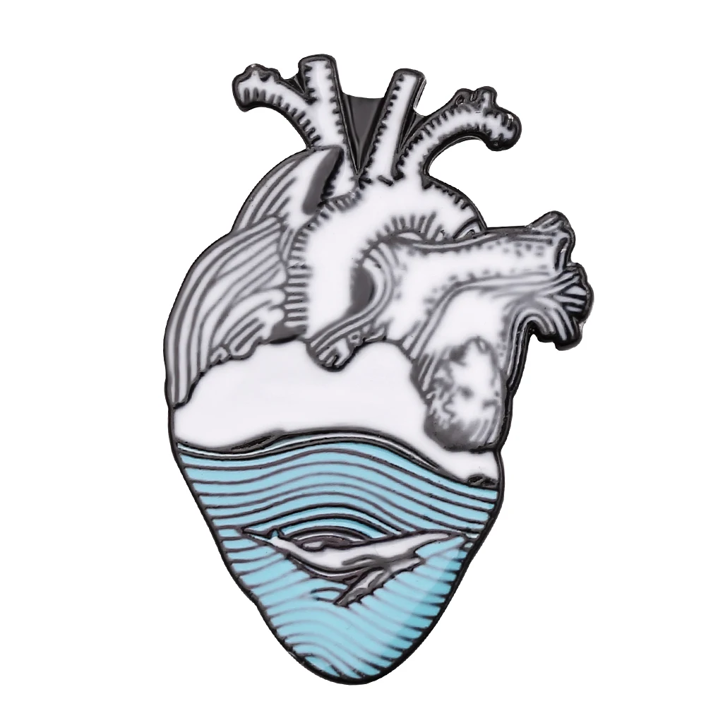 Punk Style Skeleton Love Heart Enamel Pins Self-deprecating Dark Punk Brooches Ocean Wave Whale Human Heart Lapel Pins Badges - Metal color: XZ749
