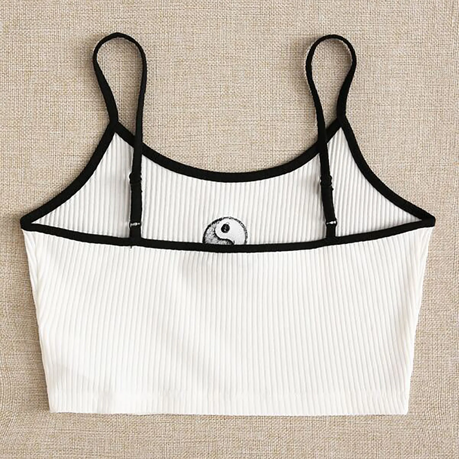 

25# Women's Korean style T-shirts Tops Funny Retro Tai Chi Printing Fashion O-neck Sling Vest T-shirt Crop Top Patchwork T-shirt