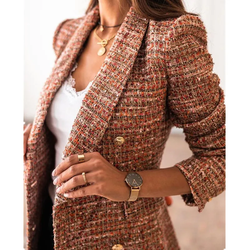 

Suit Women Blazer Dress Autumn Winter Double Breasted Plaid Pocket Button Front Military Style Office Lady Blazer Women Fashion