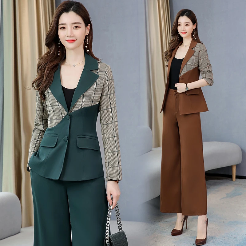 Goddess Fan fashion professional suit spring and autumn new personality plaid hit color suit jacket wide leg pants two-piece