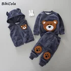 BibiColaМодная одежда для маленьких девочек зимний теплый костюм с рисунком медведя, толстовка с капюшоном, комплект одежды для малышей, хлопковые спортивные костюмы, 3 предмета