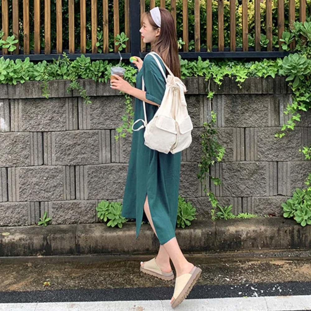 

Japanese Korean Version Women's Dress Summer 2021 Loose Casual Simple Thin Solid Color POLO Collar Split Fork 5-sleeve