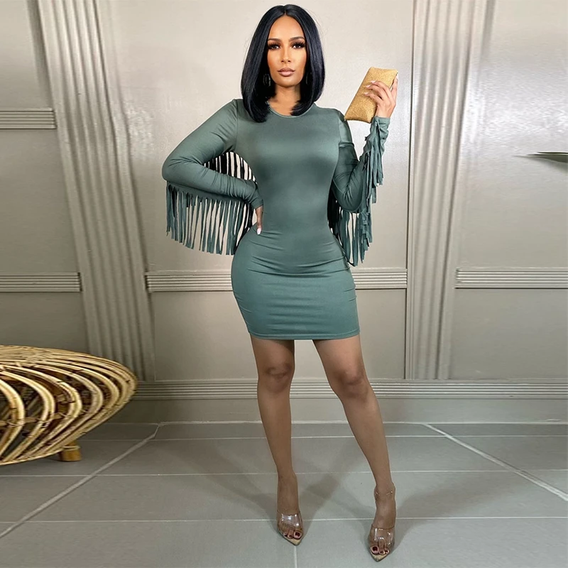 

Fall Winter Sexy Dress Solid Tassel Long Sleeve Dresses for Women Nightclub Birthday Club Outfits Y2k Clothes Wholesale Items
