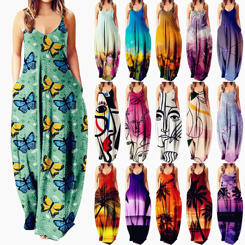 

2022 Women Casual Loose Strap Dress Colors Summer Sexy Boho Bow Camis Pocket Maxi Dress Plus Sizes Big Large Dresses Robe Femme