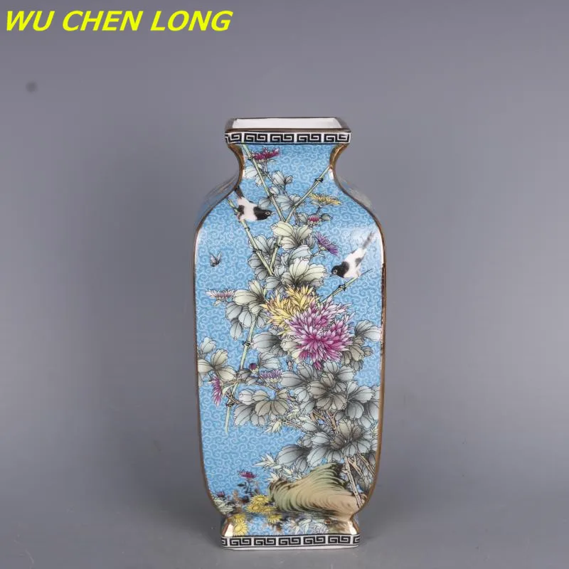 

New 2021 Ceramics Qing Dynasty Qianlong Enamel Painting Square Flower and Bird Vases Antique Porcelain Collecting R5760