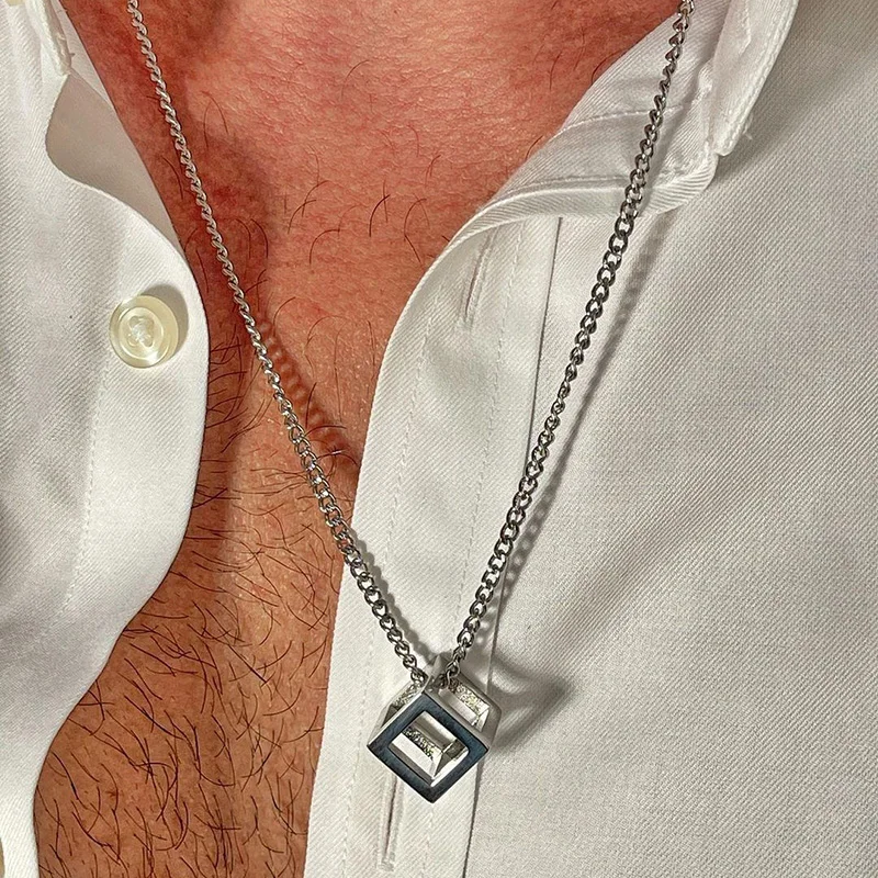 Геометрическое ожерелье трехмерный кубик кулон из нержавеющей стали серебряный
