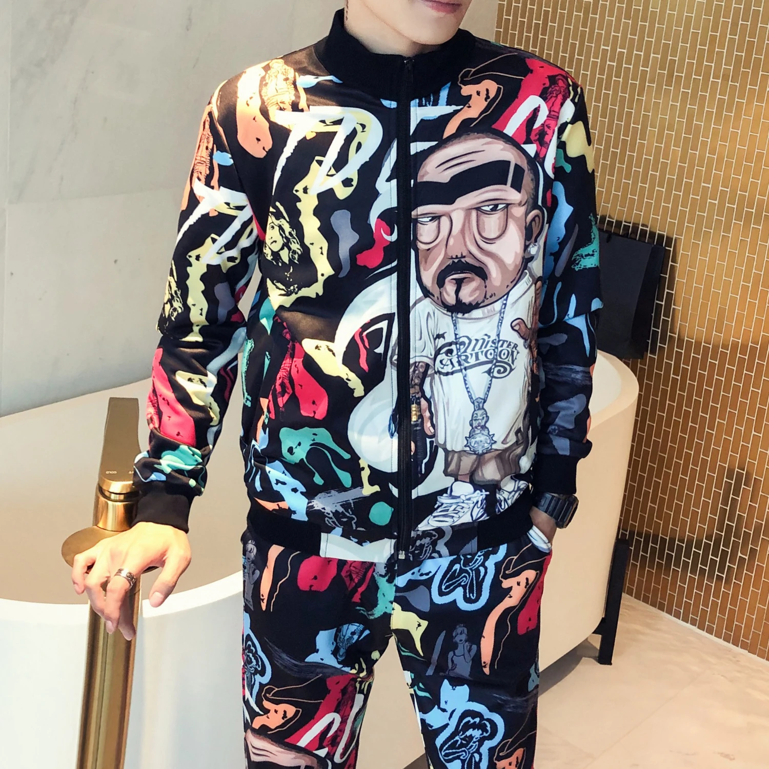 Elastic Waist Pants Men's Floral Sets Fashion Jacket+Pants Men 2 Pieces Slim Fit Casual Tracksuit Clothing High Quality | Мужская