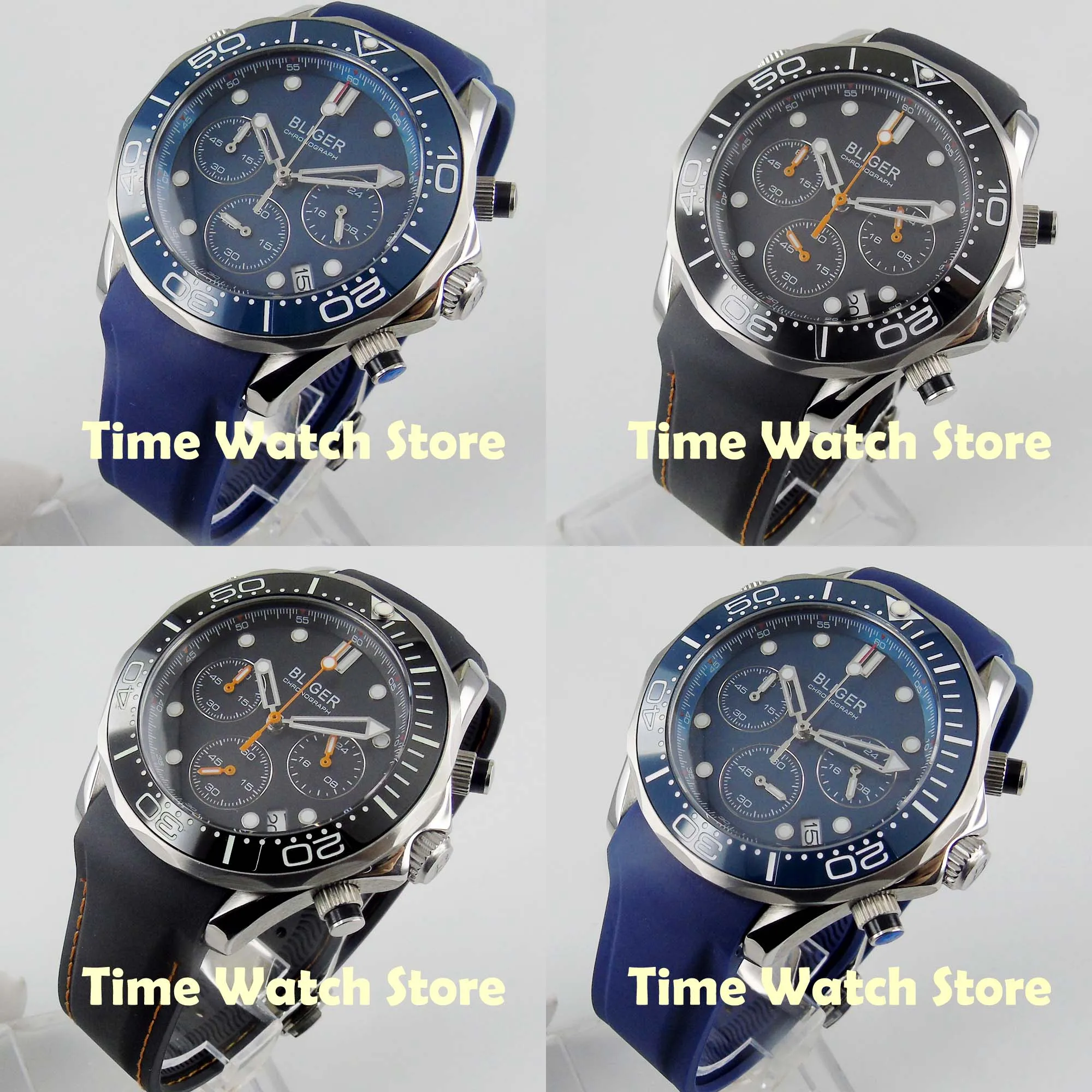 

Bliger 41mm blue Quartz stop men's watch full chronograph 24 hours minute sapphire glass date display ceramic bezel waterproof 1