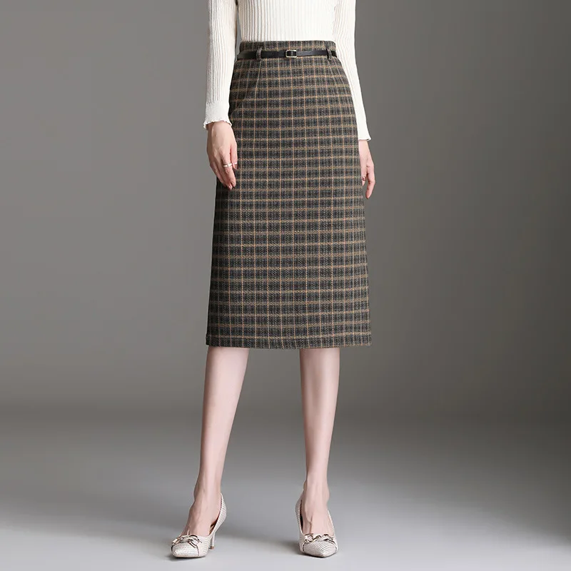 

Vintage Plaid Bodycon Pencil Skirt Women Autumn Winter High Waisted Slim Casual Elegant Office Lady Knee-length Skirts