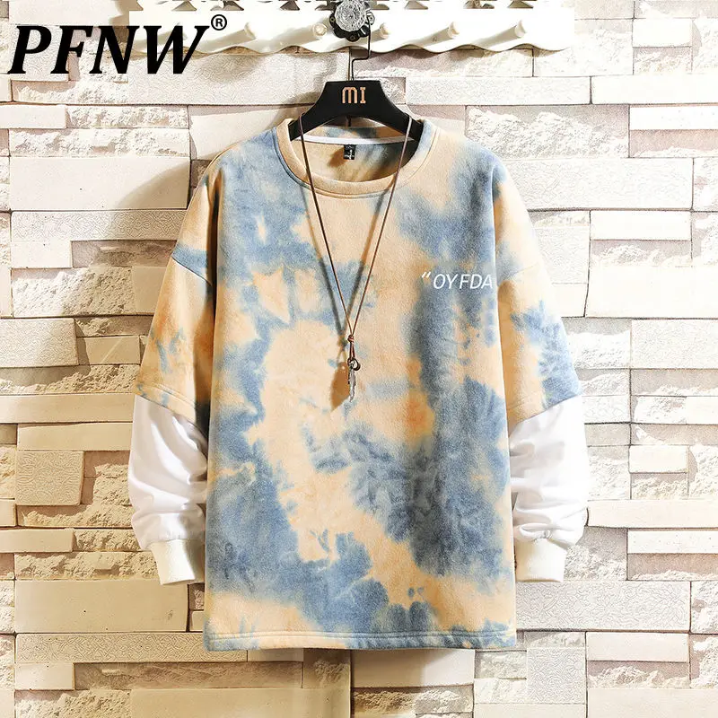 

PFNW Autumn New Men's Fake Two Tie Dyed Sweater Couple Long Sleeve Round Collar Tops Colorful Unisex Ins Trends Clothing 12X0104