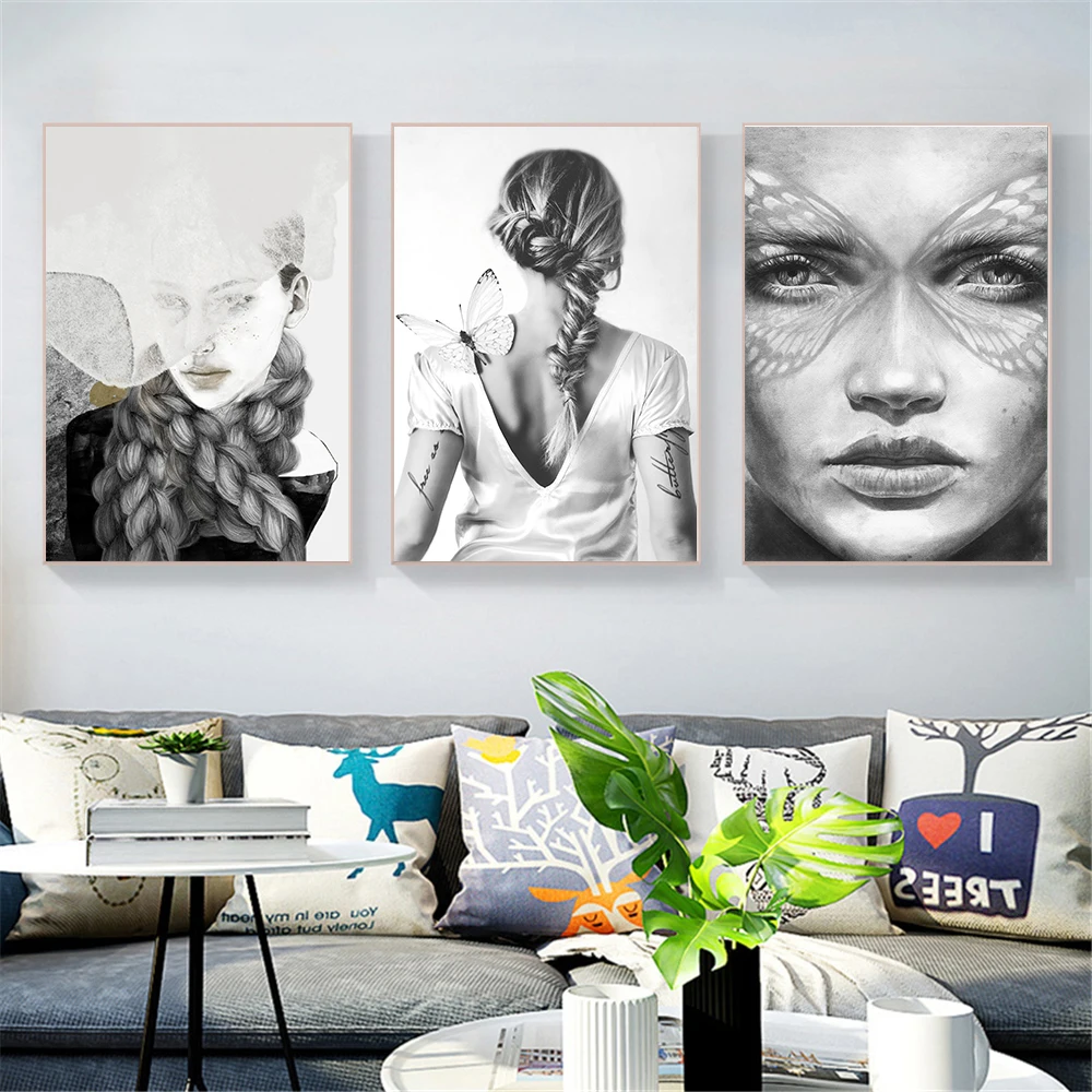 

Scandinavian Style Wall Art Nordic Style Abstract Canvas Print Women Posters Black White Girl Painting Modern Minimalist Style